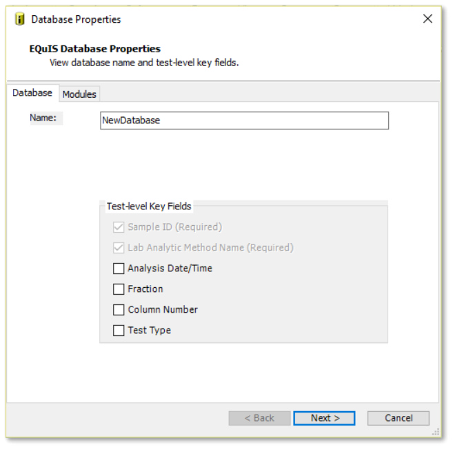 Database Properties Window