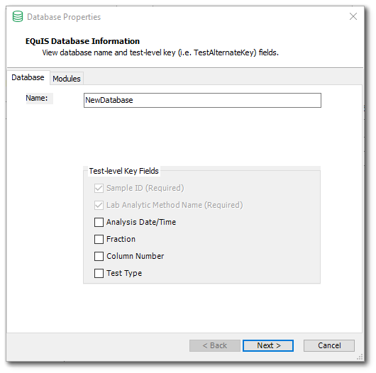 Database Properties Window